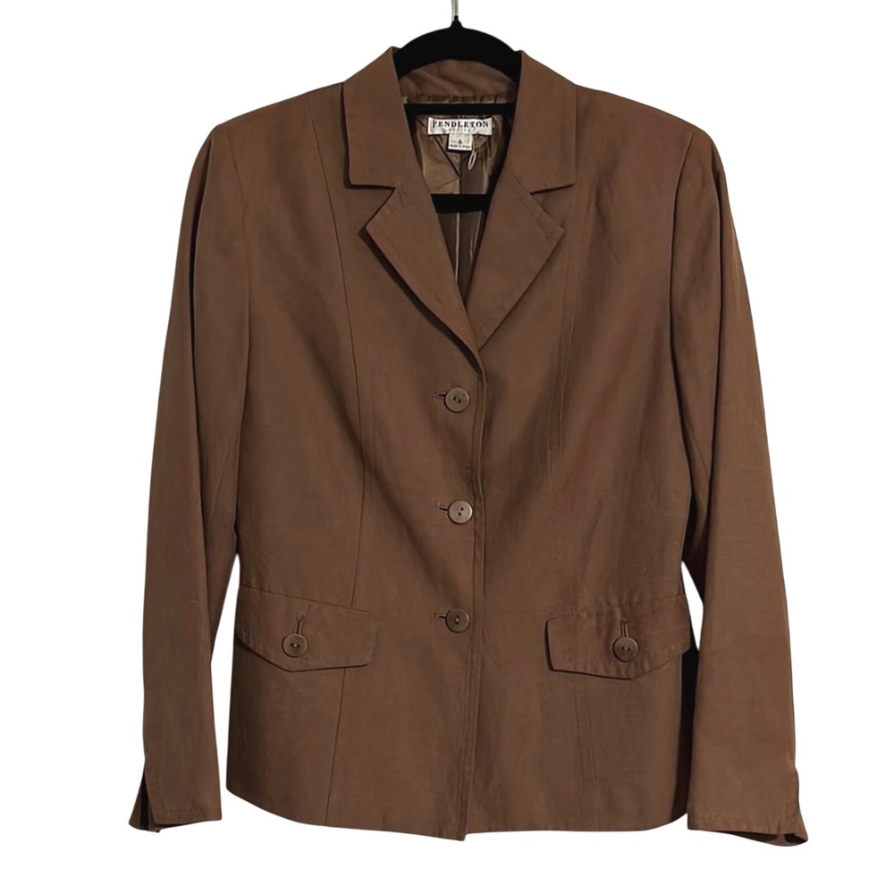 Pendleton Linen Silk Brown Blazer Tailored Suit Jacket Front Pockets Petite 6